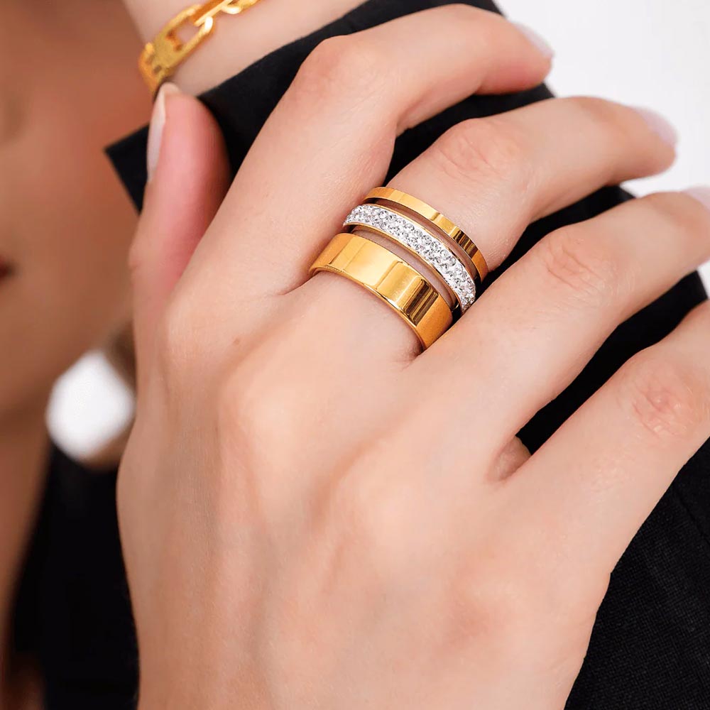 Anel Triplo Glow com Zircônia Banhado em Ouro 18k VZ171